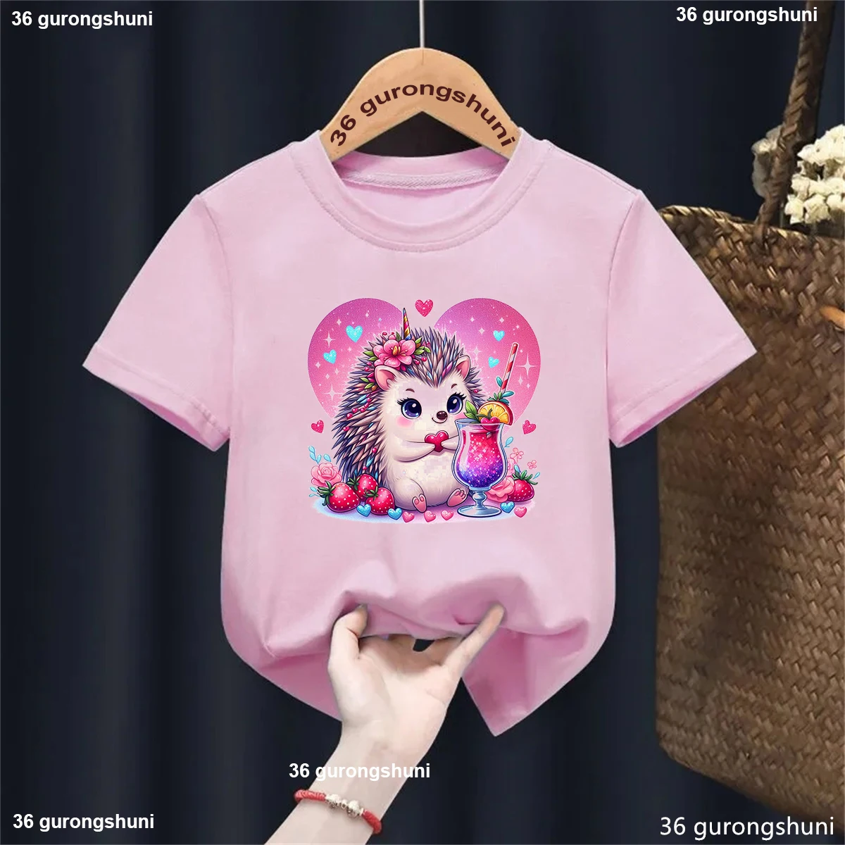 Kawaii Girls T-Shirt Funny Flower Hedgehog Print T Shirt Kids Fashion Girls Birthday Gift Clothing Tshirt Summer Toddler Tshirt