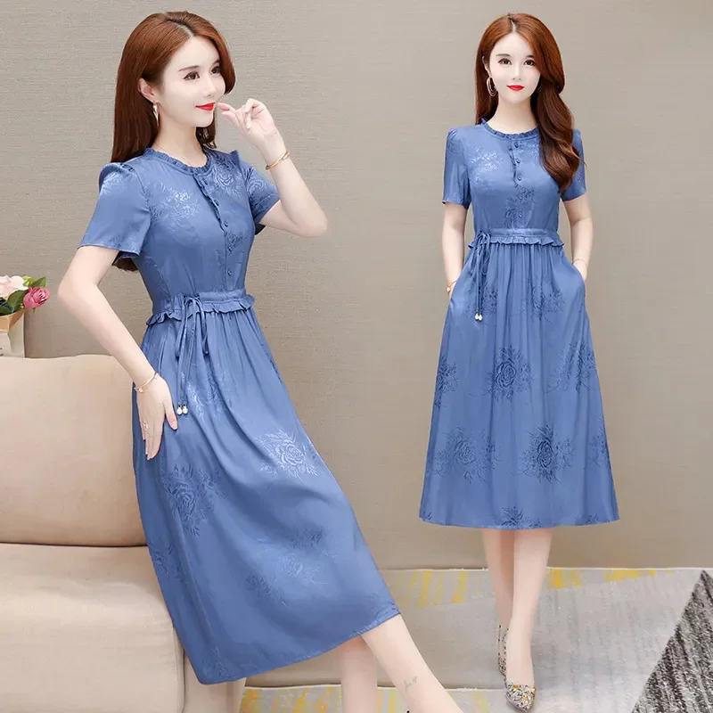 플로럴 드레스 여성 여름 아이스 실크 드레스 2025 신상 여성 롱 드레스 여성 의류 고급 패션 우아함 A라인 드레스 ﻿