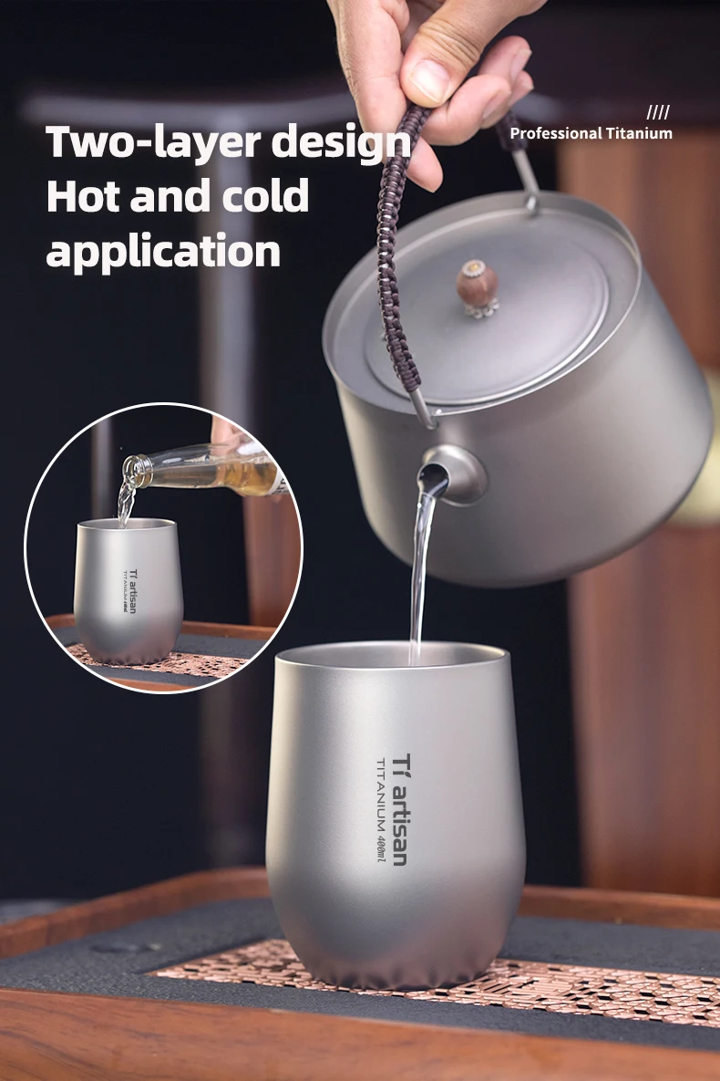 Tiartisan 255ml/400ml Reiner Titan-Bierbecher, Outdoor-Camping-Trinkgefäß, Leichter Tragbarer Doppelwandiger Kaffee- und Teetasse – Detail 5
