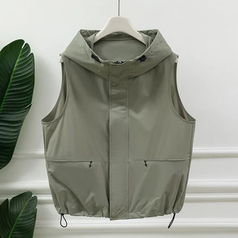Womens Light Gray Hooded Sleeveless Utility Vest Zipper Front Drawstring Waist Pocket Casual Outdoor Layering Gilet
