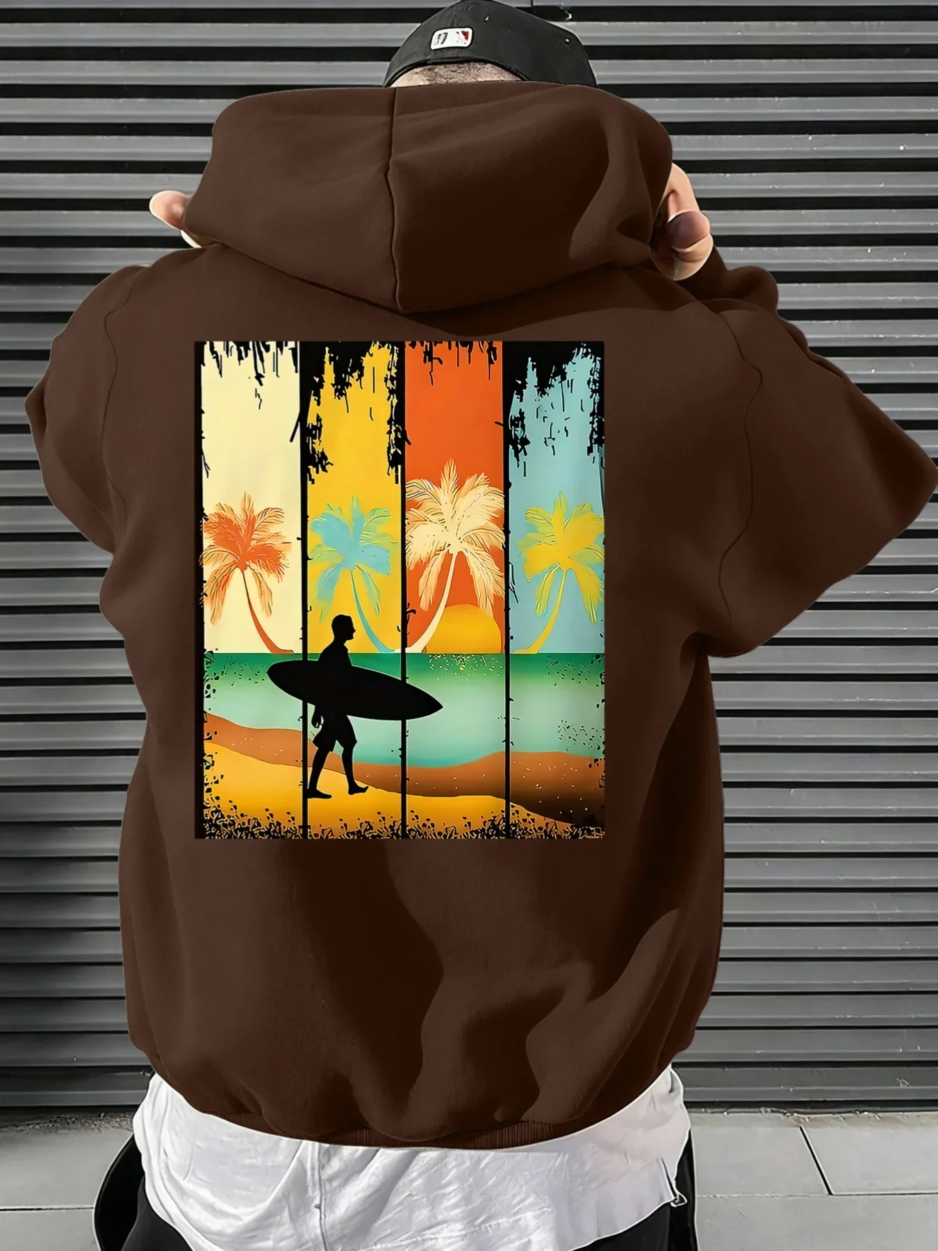 Men Vintage Surfer Beach Palm Tree Graphic Hoodie, Retro Distressed Panel Ocean Print Pullover Hoodies, Casual Loose Streetwear