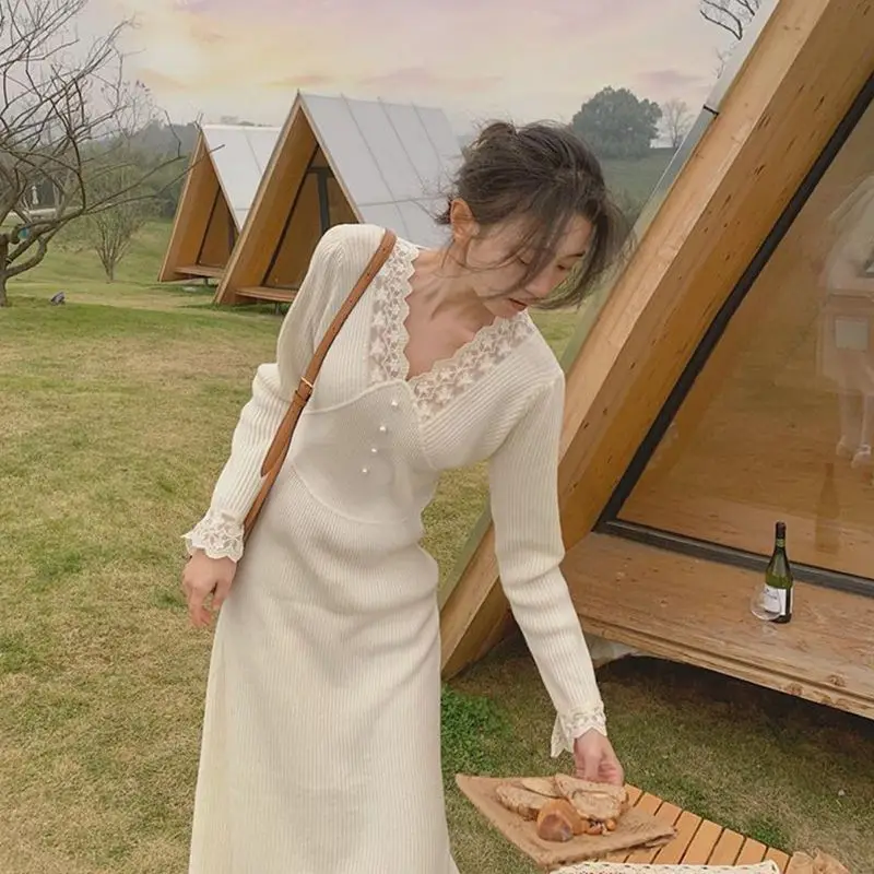 

Women Elegant Sexy Lace V-neck Long Sleeve Bodycon Dress Korean Solid Color Stretch Knit Tight Slim Autumn Winter Dresss C157