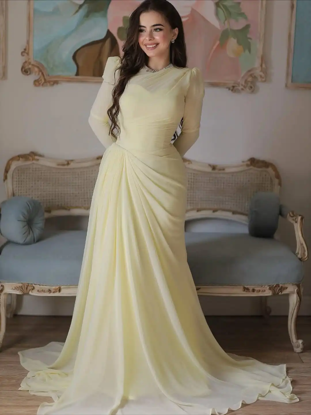 

Ofherown Pleat Chiffon Evening Dress with Diamond O Neck Full Sleeves Mermaid Prom Gowns Saudi Arabic Elegant فستان حفل