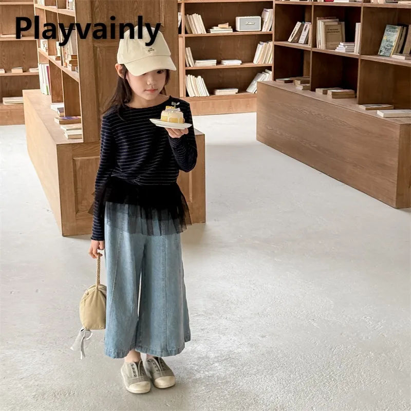 

Корейский стиль, модные широкие джинсы для девочек, новые осенние детские черные, синие свободные брюки до щиколотки, модные джинсовые брюки A6098