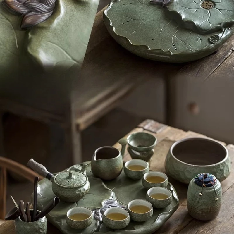 Rustic Gongfu Tea Set, Chinese Retro Style Ceramic Teapot,Handmade Pottery with Matching Tea Tray,Complete Ceramic Brewing Set