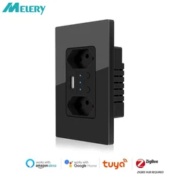 Melery Zigbee Smart Wall Socket USB Tomada Electric Brazil Plug Outlet PC Glass Panel Remote by Tuya Smartlife Alexa Google Home