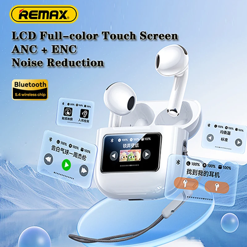 Remax LCD Touch Wireless Screen Earphones Earbuds  Bluetooth 5.4 TWS  Noise Cancell Reduction With Mic HiFi Music ENC Stereo