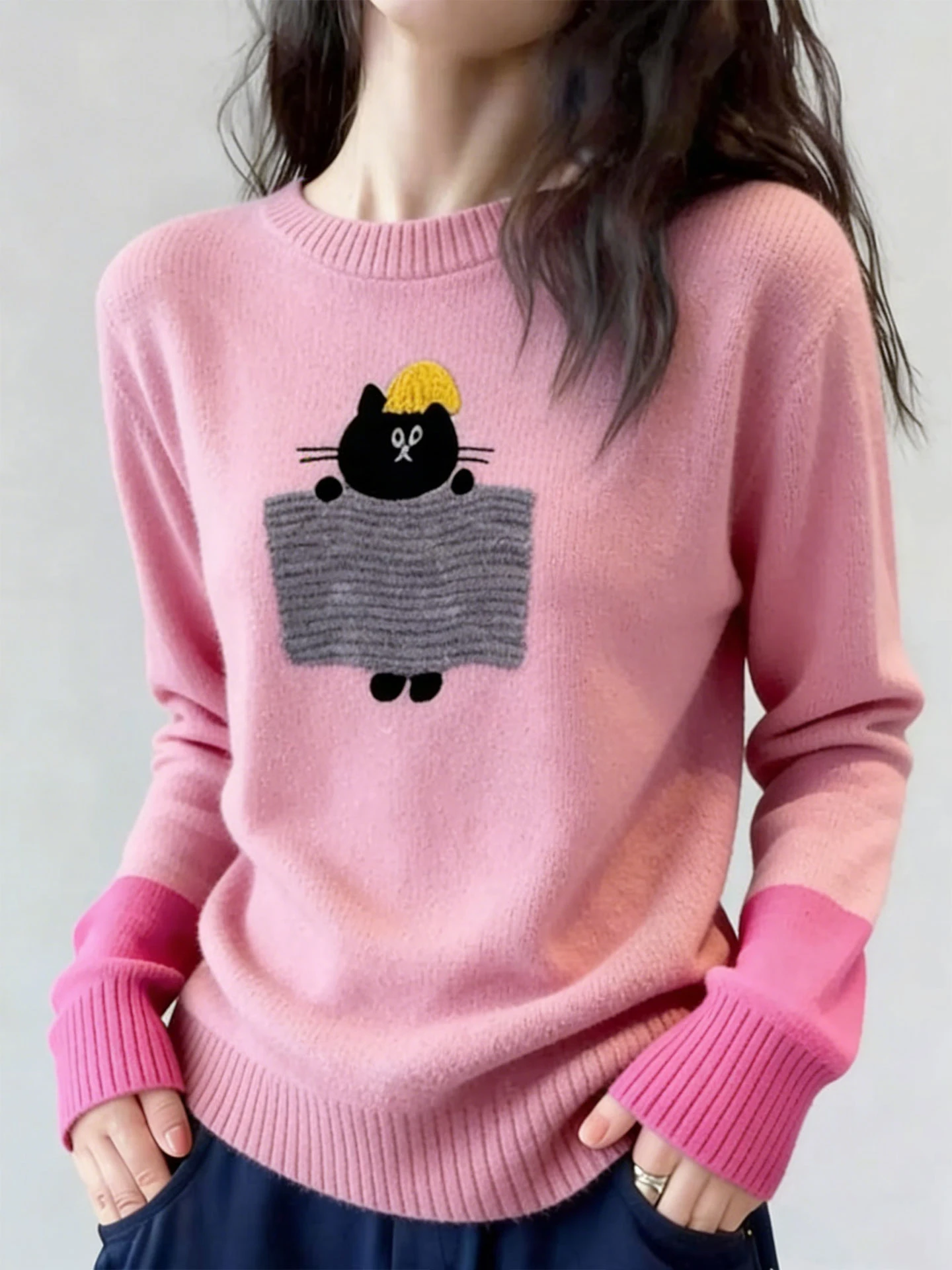 

Милый мультяшный вязаный свитер с длинными рукавами для женщин, зимний модный повседневный топ в корейском стиле, свободного кроя, для офиса и на каждый день