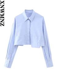 XNWMNZ 2023 Women fashion cropped poplin shirt Woman high street lapel long-sleeve pocket front button top female chic blouse