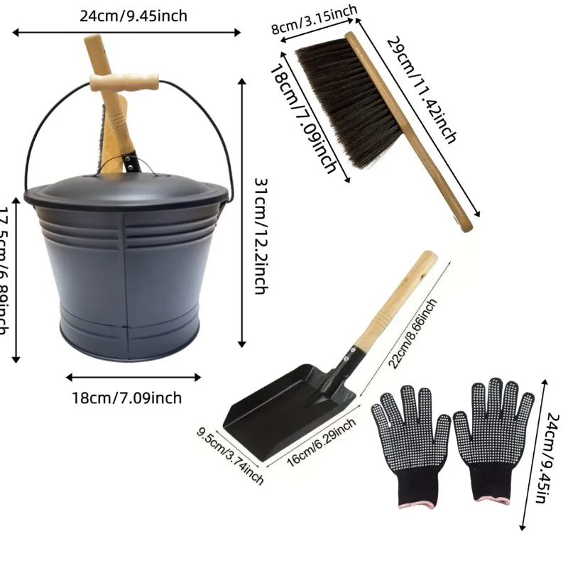 Charcoal Bucket with Lid, Ash Bucket and Shovel  Broom for Fireplace Metal Trash Bin