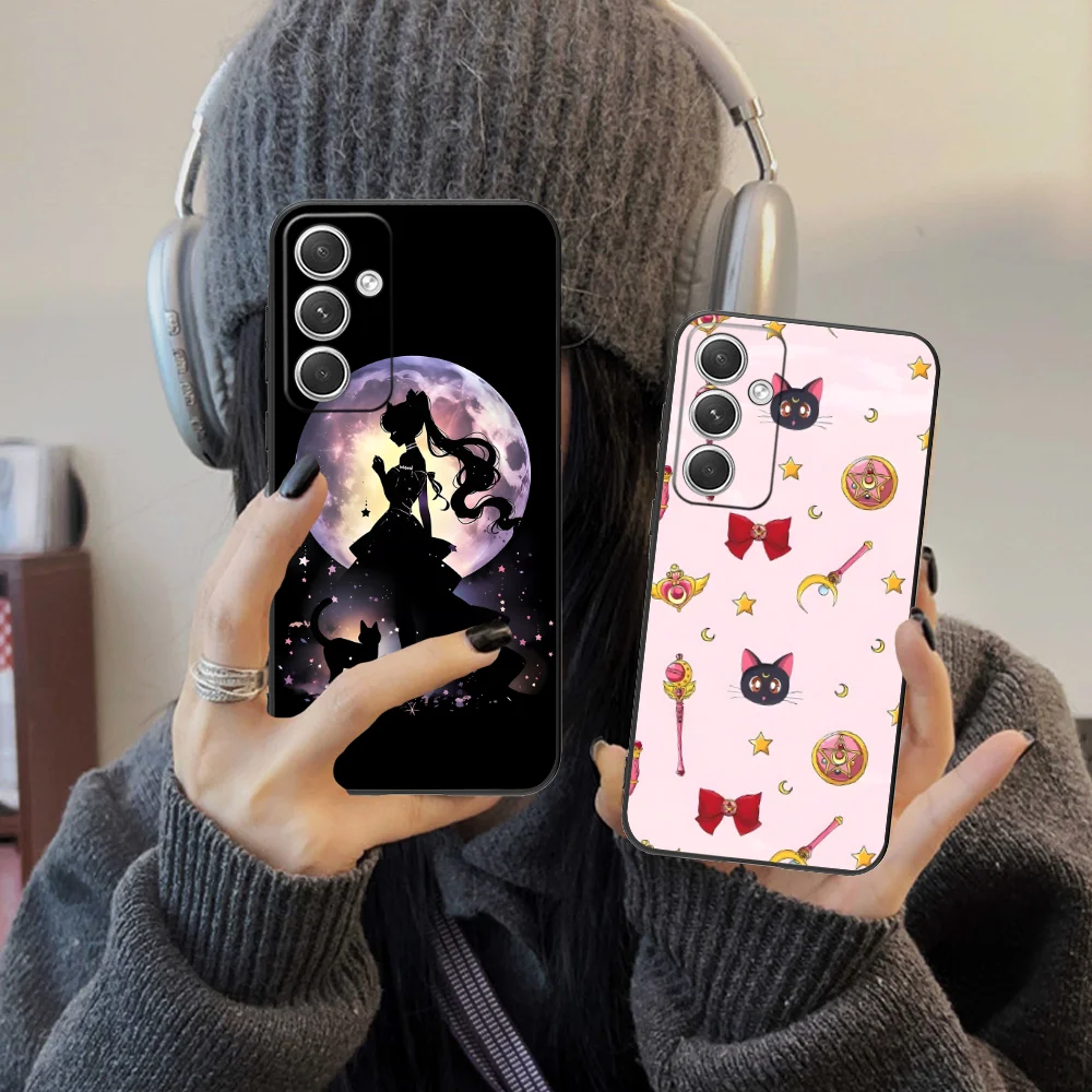 S-Sailor Cute Moon Phone Case for Samsung Galaxy S24 S23 S22 S21 S20 S10 S9 Plus FE Ultra Lite Black Cover Smartphone