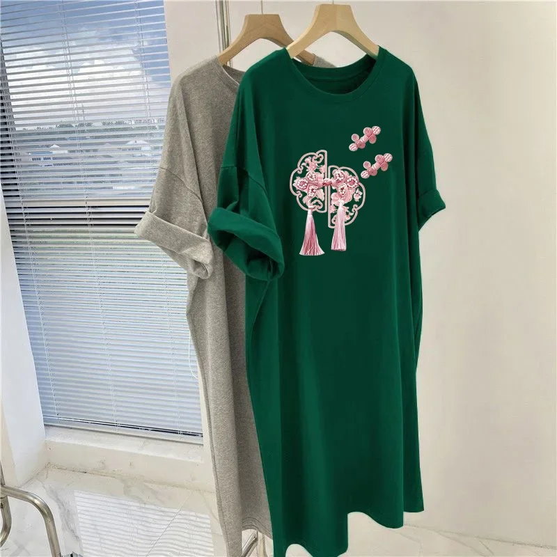 

Women Clothing Vintage Loose Casual O-neck Dresses, Cartoon Printed Basic Tunic, Summer Fashion Short Sleeve Knee Length Dress