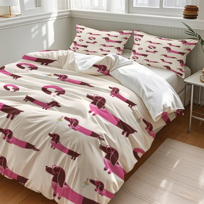 Cartoon Dachshund Print Pattern Bedding Set 1 Duvet Cover 1-2 Pillowcases for Adult and Children Luxury Gift Full Size