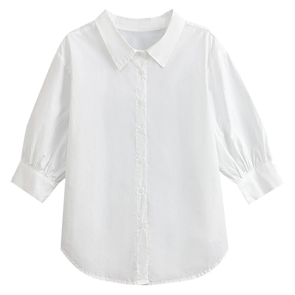 Blue/ White Button Up Cotton Shirt Women Summer Solid Color Tops Female Korean Fashion Lantern Sleeve Lapel Casual Loose Blouse