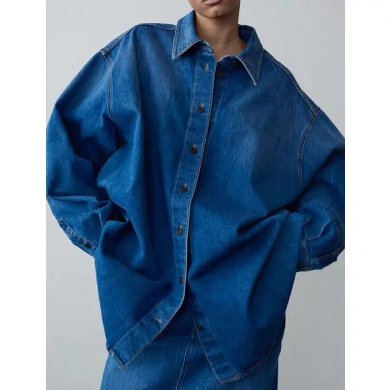 Spring and Autumn Denim Shirt Woman Simple Casual Coat Top Oversized Loose