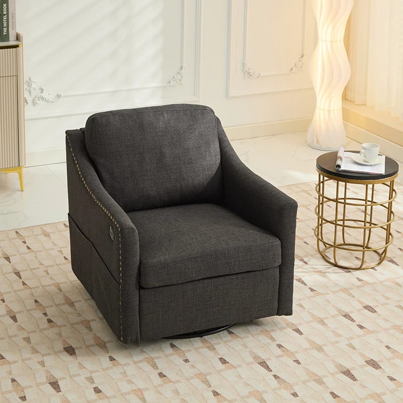 dark grey 360 degree swivel rotating accent chair with USB and magazine book for living room and hotel bed room,upholstered acce