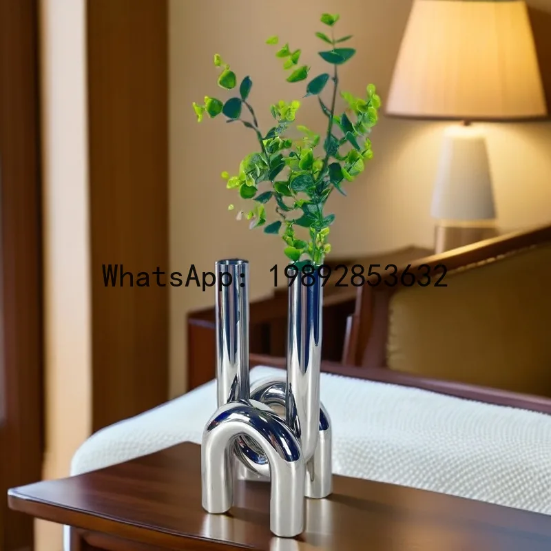 

Silver Stainless Steel Pipe Sculpture Metal Handicrafts Flower Arrangement Accessories Geometrically Curved Test Tube Home Decor