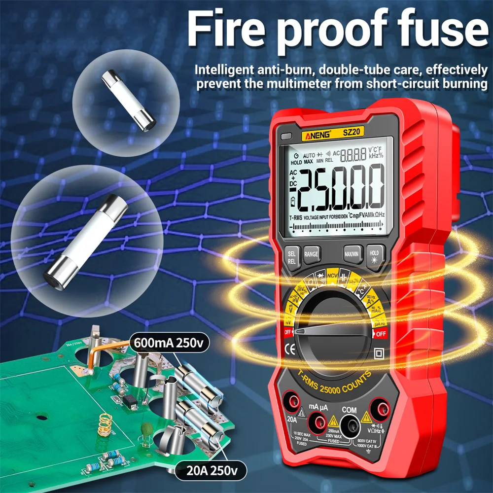 Digital Multimeter DC AC Voltmeter Ohm Volt Amp Diode Tester Meter for Household Outlet Automotive Battery Test