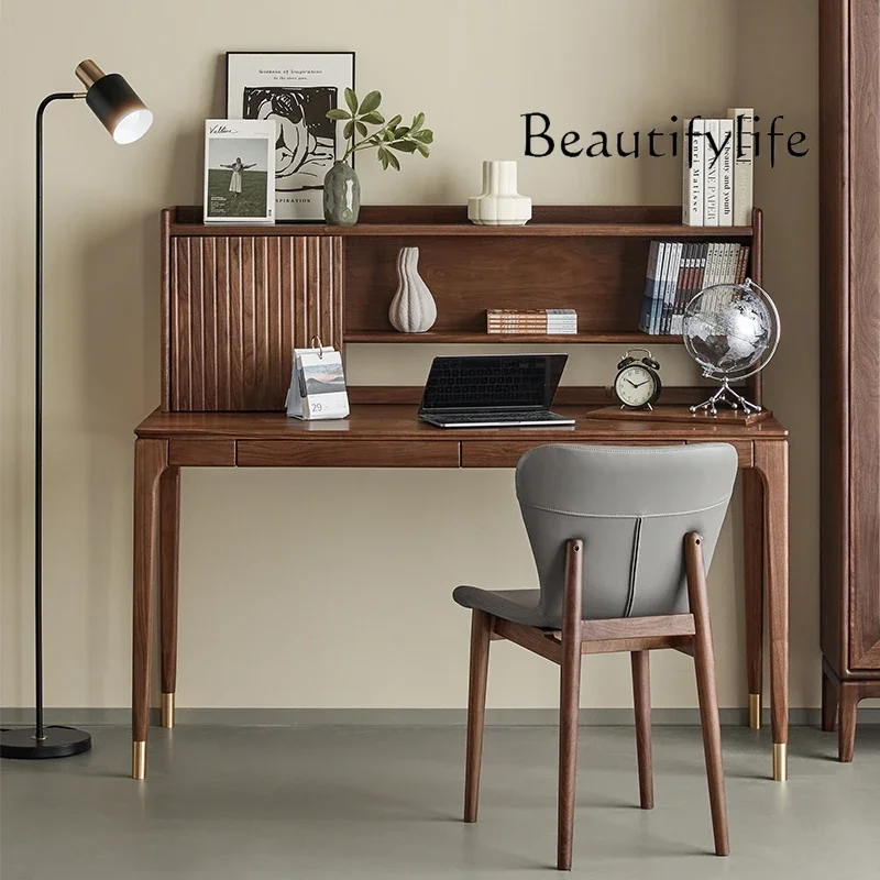 North American Black Walnut Desk with Bookshelf Simple Desk Multifunctional Study Table