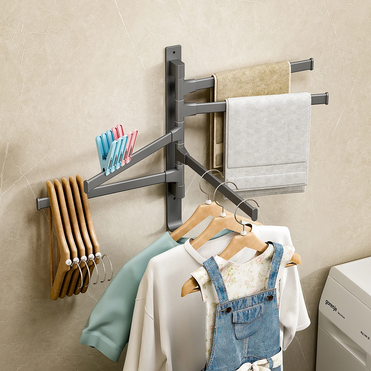 Bathroom Towel Holder Metal Swivel Towel Rack Space Saving Swinging Towel Rack Wall Mounted With Hooks Bathroom Accessories