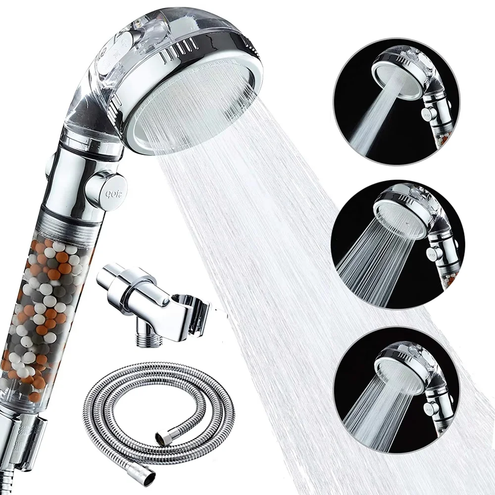 3 Modes High Pressure Shower Head Water Saving with On/Off Switch Stop Button Ionic Mineral Anion Handheld Bathroom Showerheads