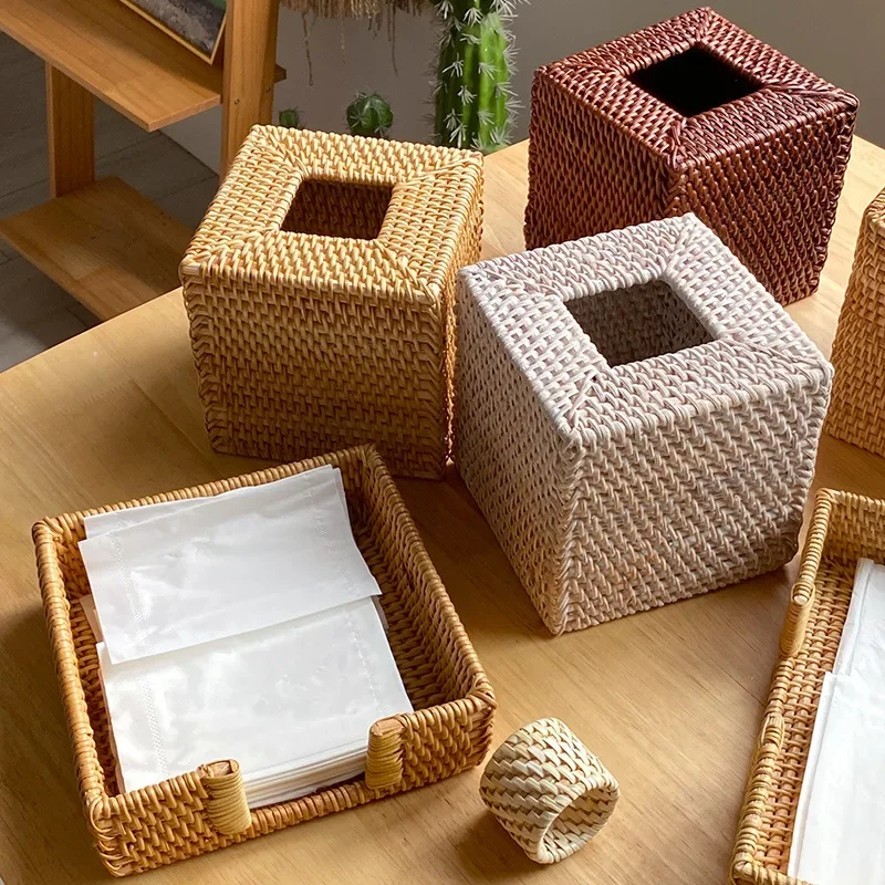 Multiple Styles Nordic Superior Quality Rattan Vintage Creative Desktop Living Dining Room Wooden Square Tissue Box Storage Tray