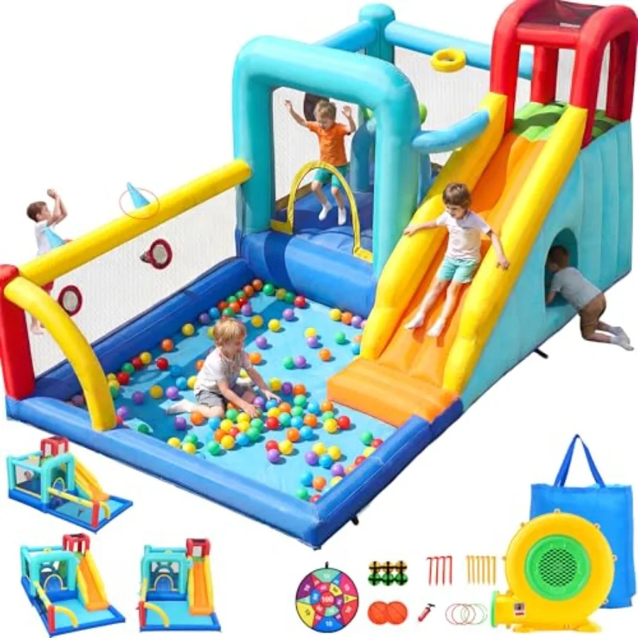 

12-in-1 bounce house for indoor outdoor use PVC material blue and red includes blower ball pit slide tunnel climbing wall rabbi
