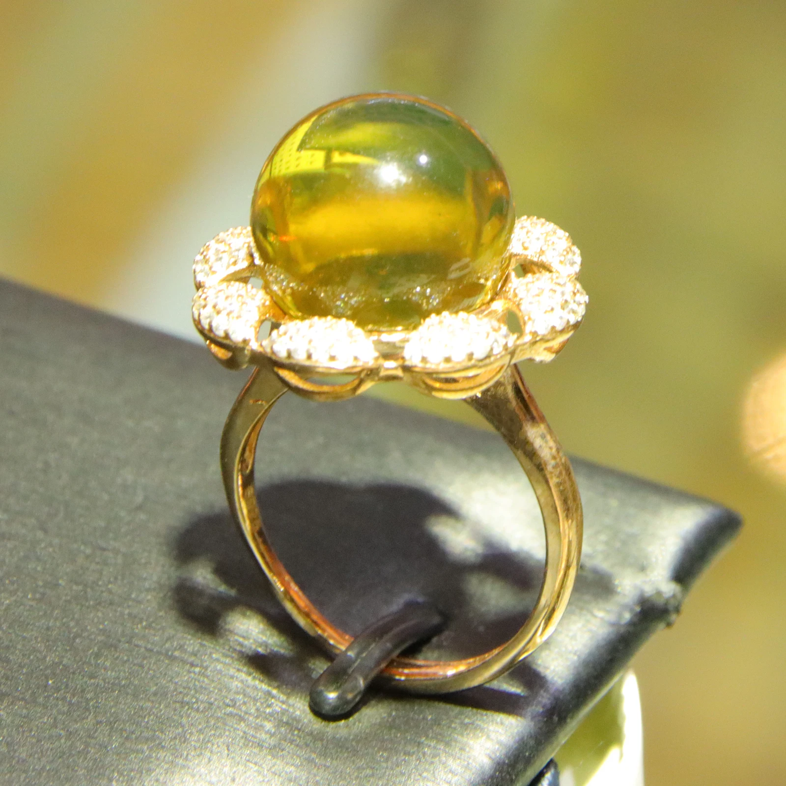 

Anniversary Gift Floral Blue Amber Ring Gold Plated Silver w/ Sparkling Stones | adjustable promise ring for her