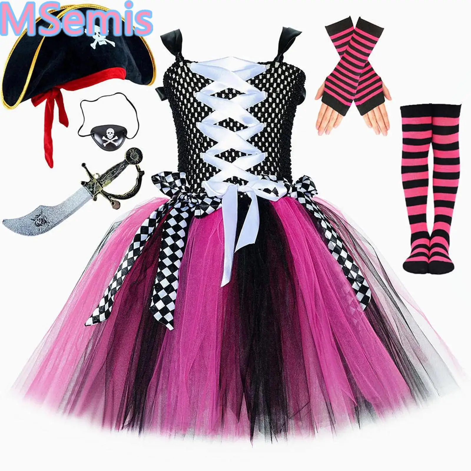 

Girls Halloween Pirate Cosplay Costume Lace-Up Puffy Mesh Ballet Leotard Tutu Dress with Hat 4Pcs/ 6Pcs Stage Performance Outfit