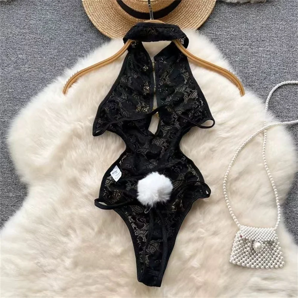 Spring Summer Sexy Lace Mesh Classical Metal Buckle With Hairball Jumpsuit Single-Breasted Eastern Style Stand Collar Bodysuit