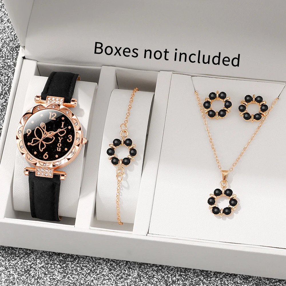 ساعة نسائية مع عناصر بسيطة، ساعة كوارتز بحزام من اللاتكس، مجموعة مجوهرات كهدية للفتيات