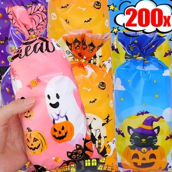 50/200 pçs sacos de doces de halloween dos desenhos animados crânio pacote plástico abóbora truque ou deleite lanche saco de presente com torção gravata fontes de festa