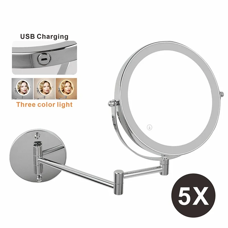 

8 inch Rechargeable Smart Bathroom LED Makeup Mirror 5X 7X10X Magnification 3 Color Light Adjustable Double Side Touch Mirrors