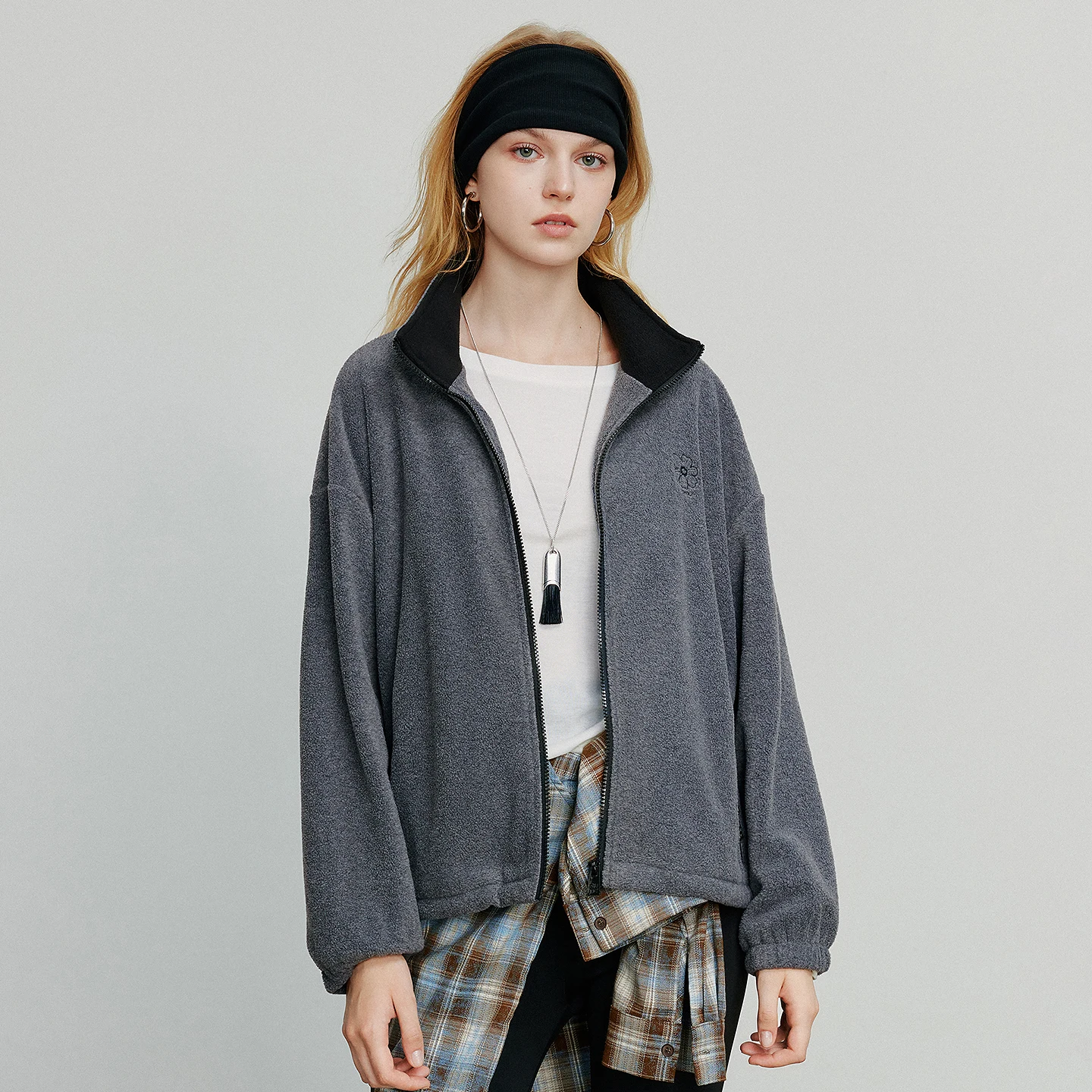 TOYOUTH المرأة سترة معطف 2025 الخريف جديد الصوف الوقوف طوق جاكيت زيبرا القمم رمادي داكن #5