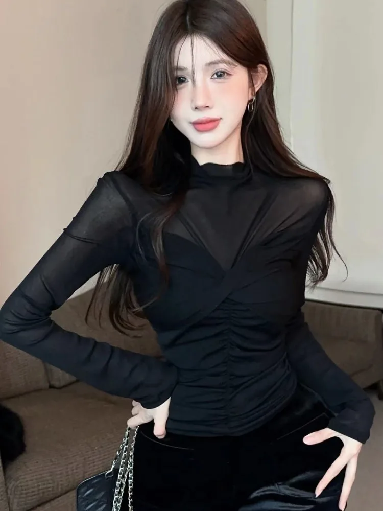 

Slim Fit Mesh Splice Stand Collar Base Shirt Women's Korean Style Design Black Inner Wear Commute Wind Winter Fashion Top
