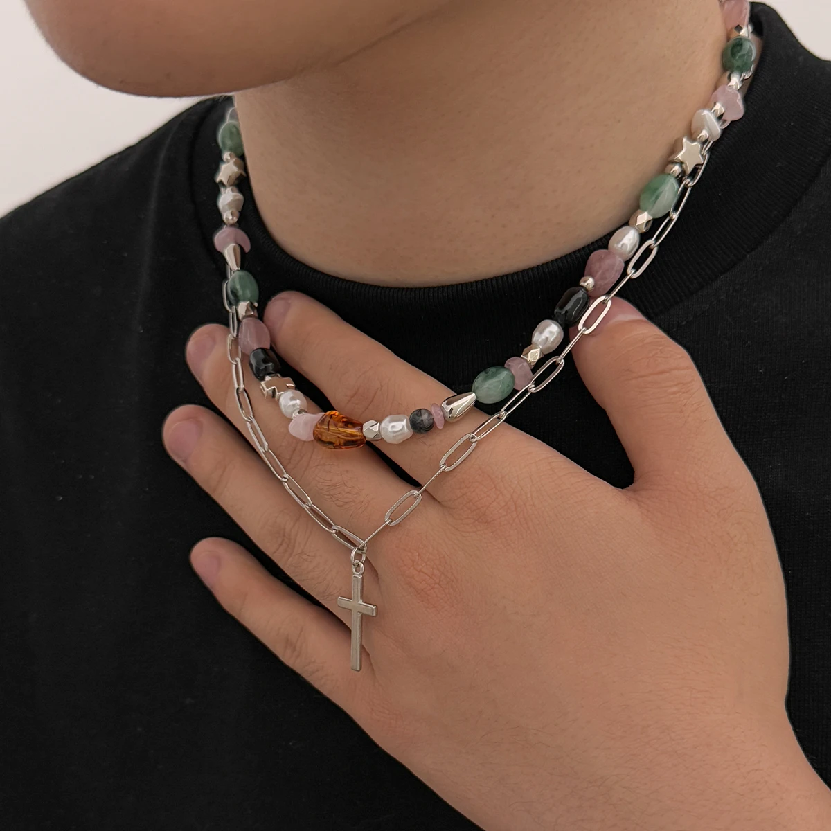 SHIXIN New Fashio 2pcs Trendy Acrylic Resin Beads Choker Necklace Set Men Hip-Hop Punk Jesus Cross Pendant Jewelry On The Neck