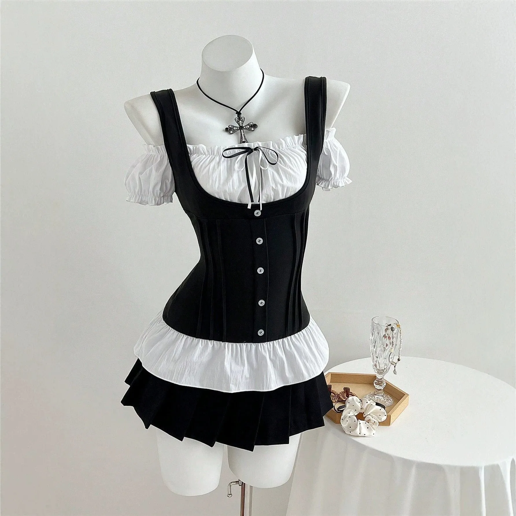 Patchwork Short Sleeve Skirt Fitted Fresh Style with Sweet and Fresh Fitted Cut Regular Length Top U Neck Summer Daily for Women