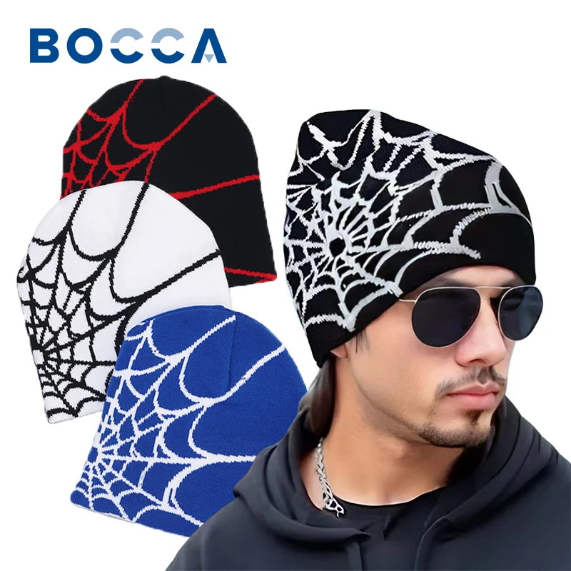 

Bocca Spider Web Knitting Beanie Hat Y2K Winter Warm Cap For Men Women Unisex Goth Hip-hop Streetwear Fashion Pullover Skull Hat