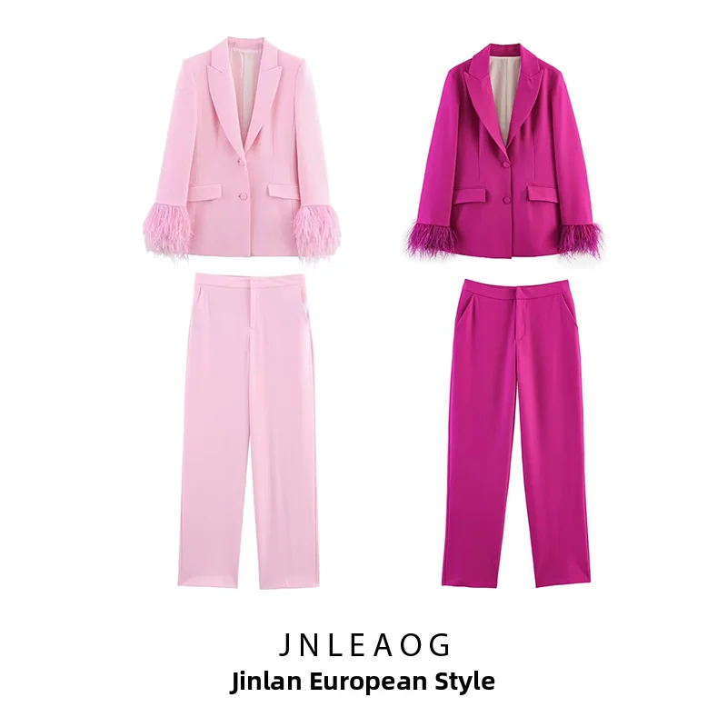 

JNLEAOG Summer New Women's Fashion Feather Cuff Suit Jacket Drifting Straight Leg Pants High Waist Long Polyester Fiber