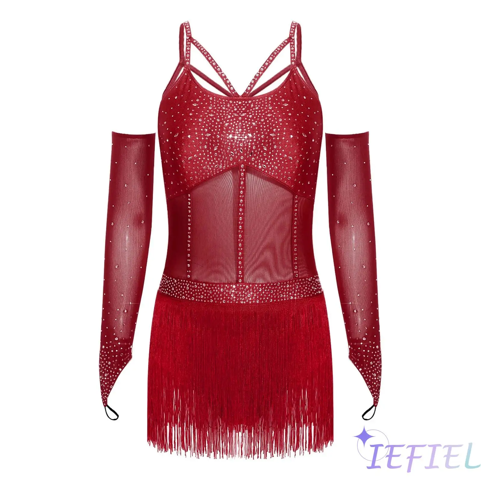 

Adult Samba Latin Dance Competition Costume Rhinestones Strappy Backless Tiered Tassel Jumpsuit Elegant Female Latin Dancewear