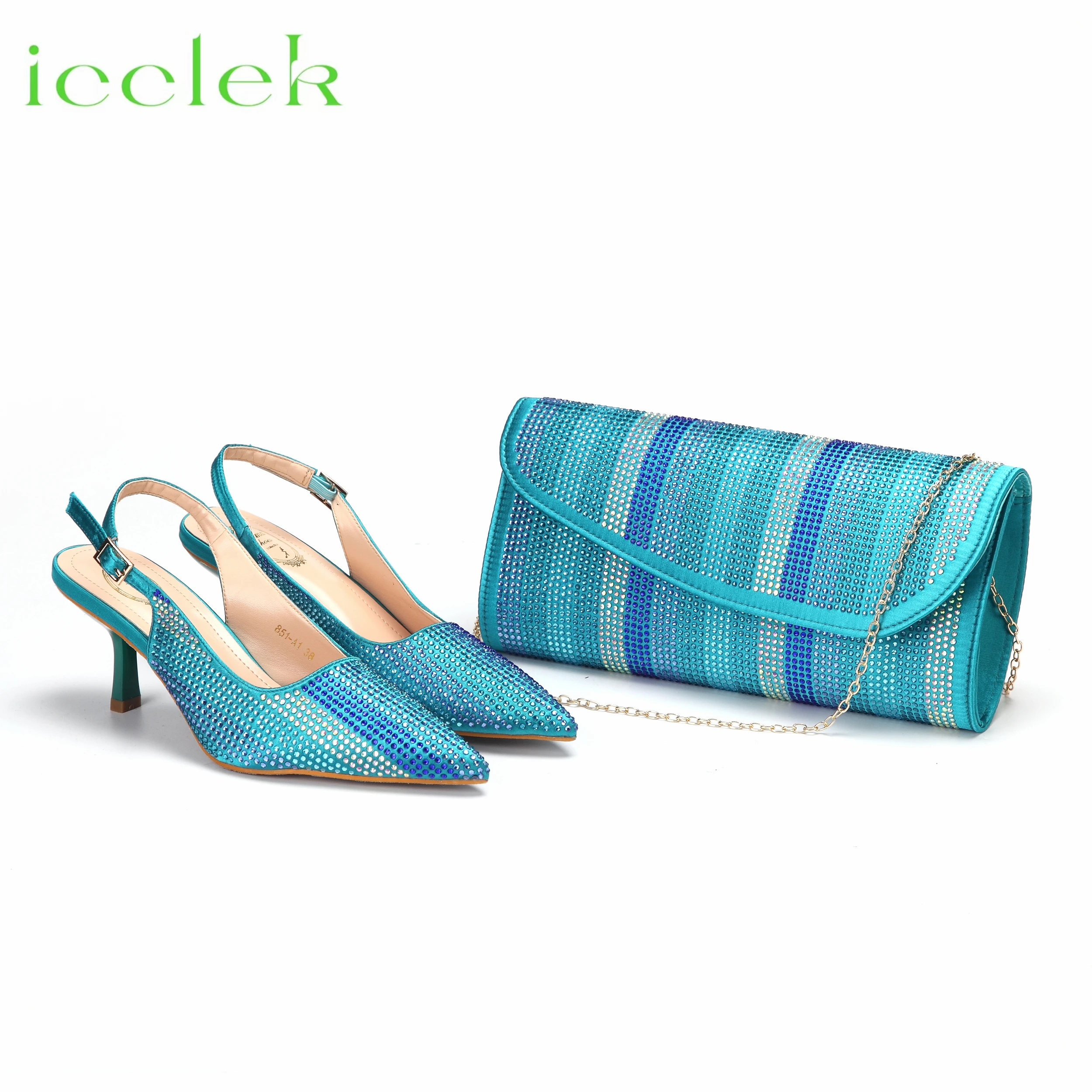 2023 Hot Selling Teal Color Pointed Toe Ladies Shoes Matching Bag Set For Mature Women Wedding Party