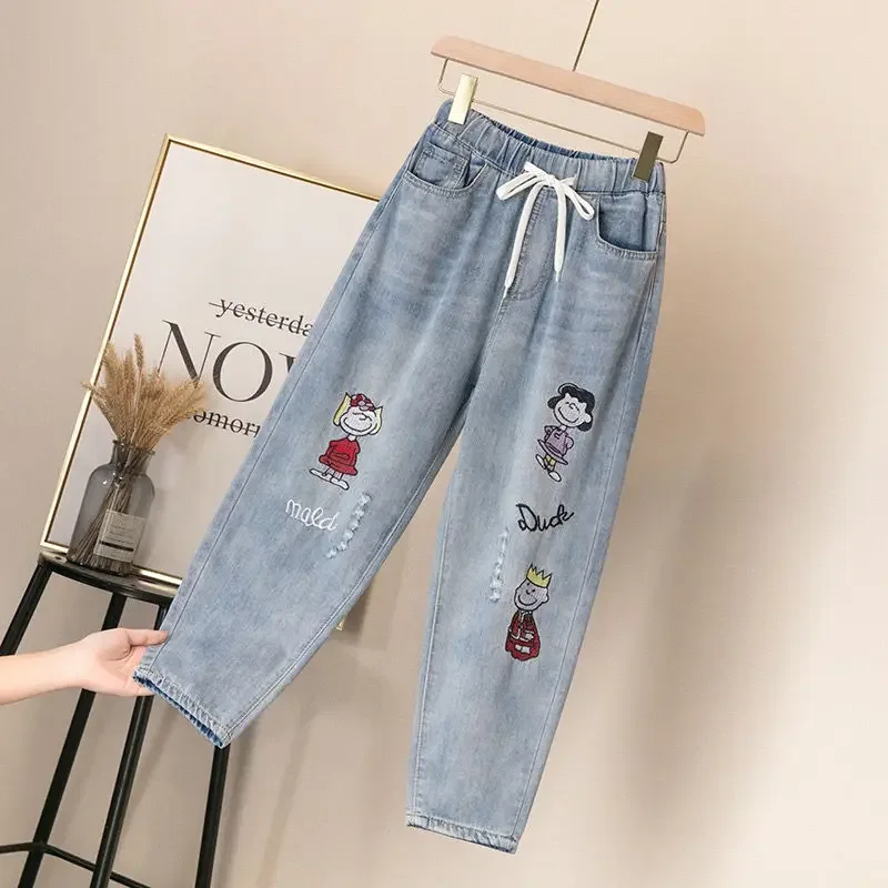 Women Embroidered Ninth Jeans Spring Summer Harem Pants Loose Thin Elastic Waist Leisure Plus Size Retro Free Shipping Wholesale