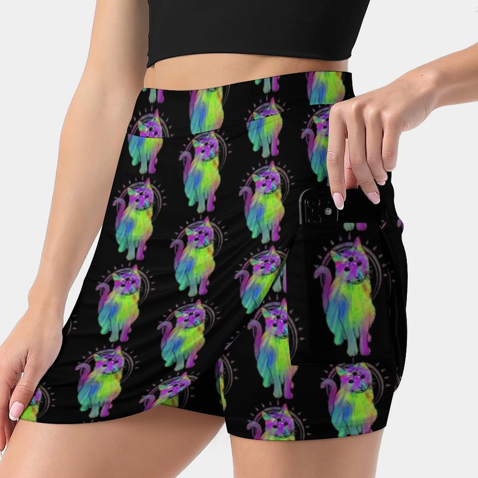 Psychic Psychedelic Cat Women'S Summer Fake Two Piece Skirts Casual Sports Beach Skirt Girl Skorts Psychedelic Cat Trippy 3Rd