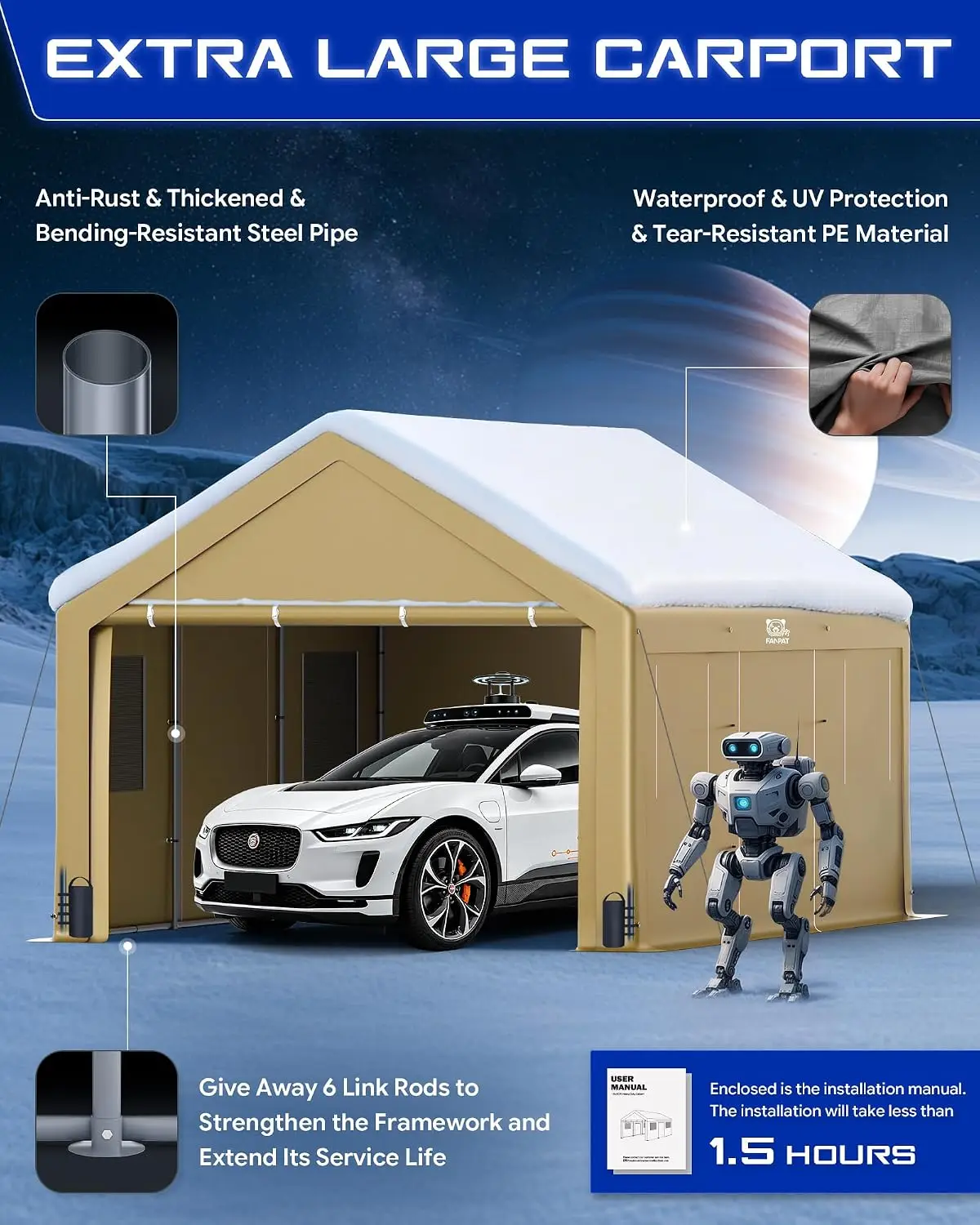 Heavy Duty Carport 13x20ft with Removable Sidewalls & Doors, Outdoor Vehicle Shelter Storage Tent, Khaki, Customized