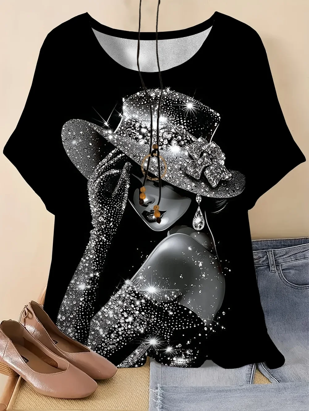 T-shirt rétro élégant pour femmes, t-shirt décontracté à motifs pour femmes, t-shirt à manches courtes et col rond, vêtements pour femmes, hauts d'été pour femmes