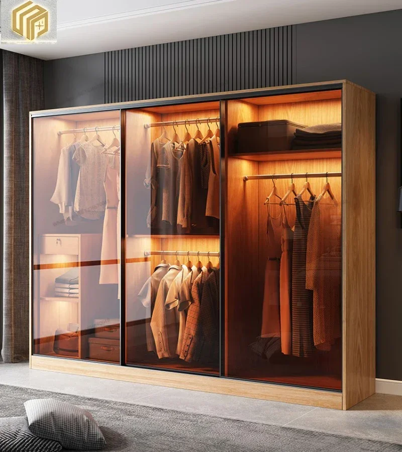 Sliding Door Wardrobe, Household Small Unit cCabinet, Light Luxury Glass Door, Overall Sliding Door Wardrobe