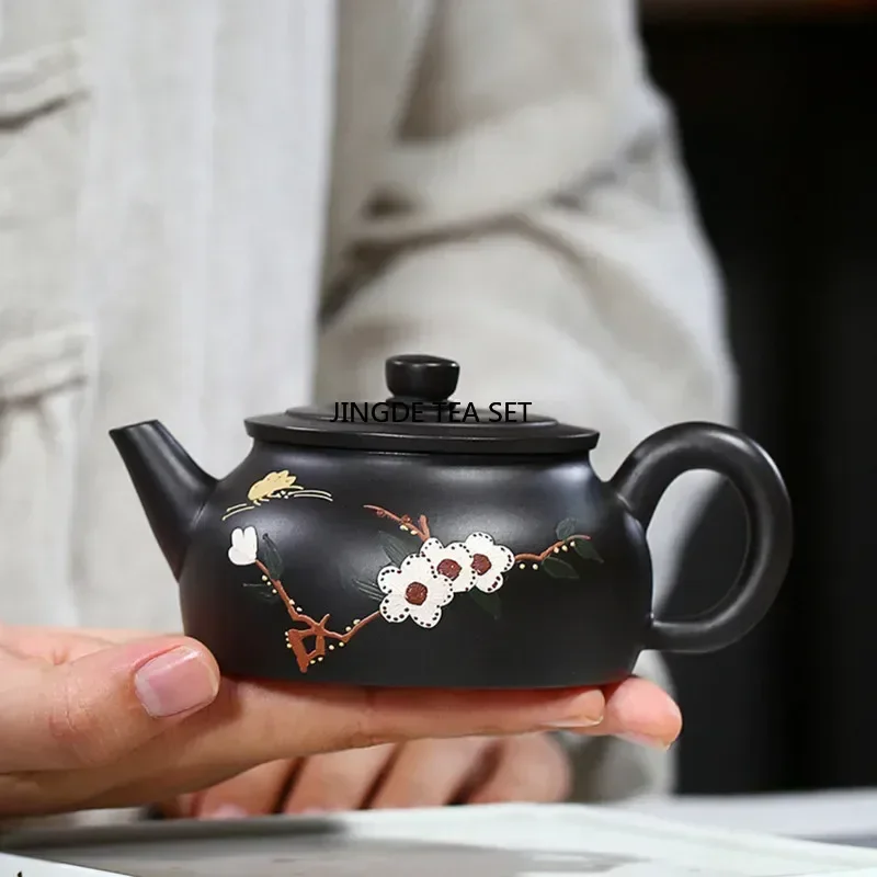 

200ml Yixing purple clay teapot original ore black mud flower pattern beauty pot Kung Fu tea set