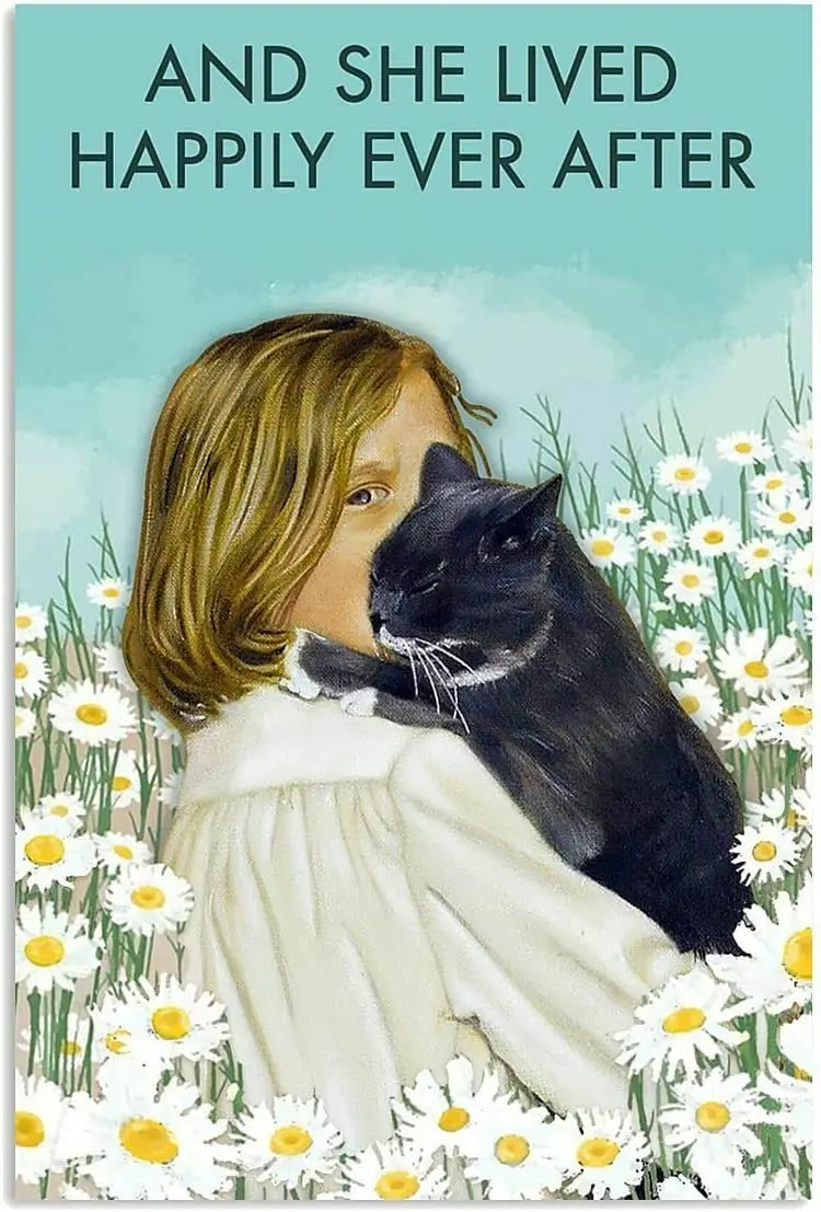 Tin Signs - and She Lived Happily White Daisy Cat Wall Vintage Funny Metal Sign  for Home Bar Bathroom Toilet Garage Hotel Garde