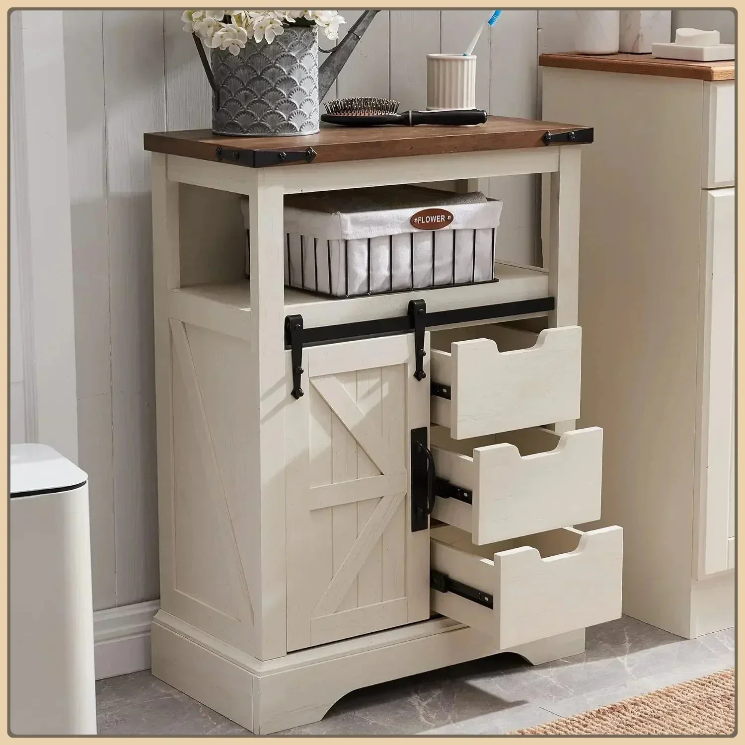 

Bathroom Floor Cabinet, Farmhouse Cabinet with Sliding Barn Door & Storage Drawers, Small Storage Cabinet for Bathroom（Hot）