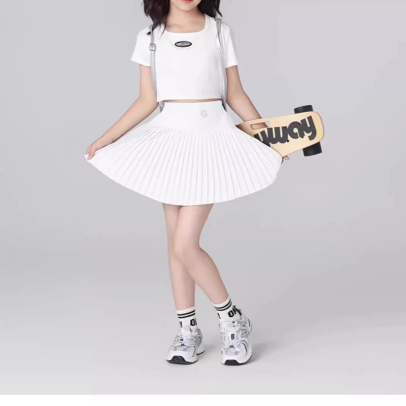 女の子用速乾スポーツスカート-冷感バドミントンヨガスカート-通気性テニススカート-夏用プリーツダンススカート-キッズスクール体育スコート